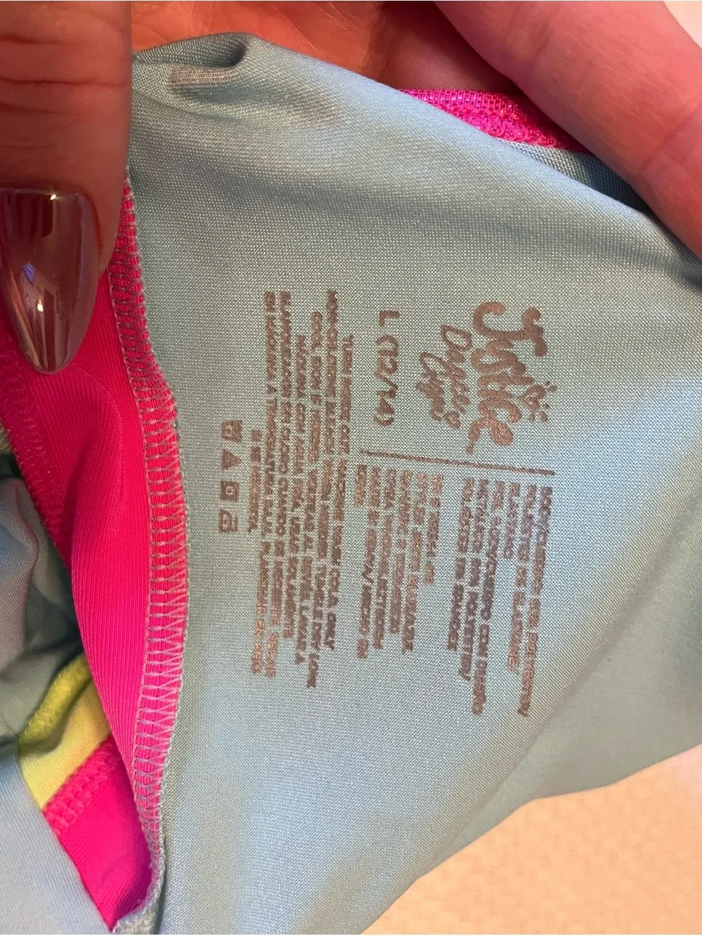 Justice Light Blue One-Piece Swimsuit with Neon Pink & Lime Trim